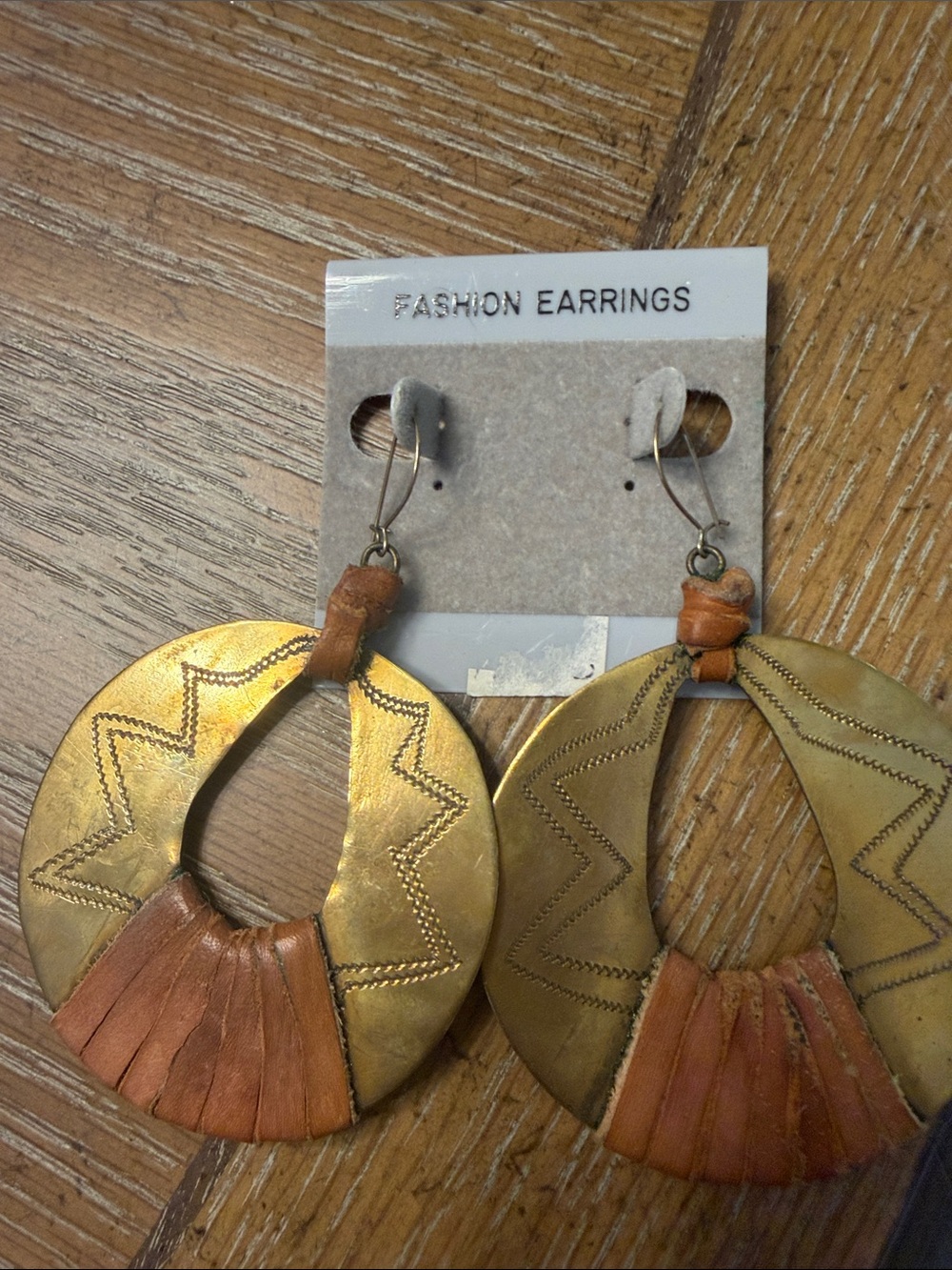 Fashion Brass and Tan Leather Hoop Earrings